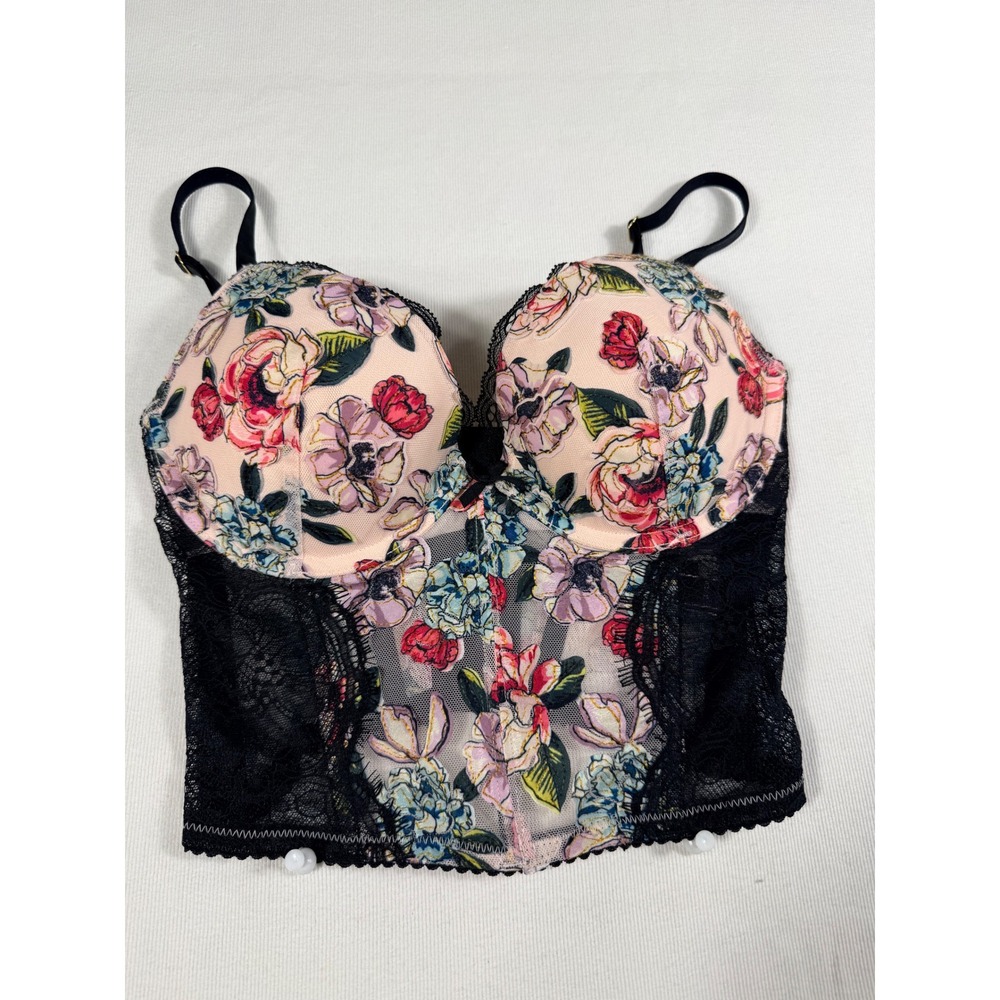 Victorias Secret Very Sexy Corset Top 32C Black Pink Floral Lace Push-Up Bustier